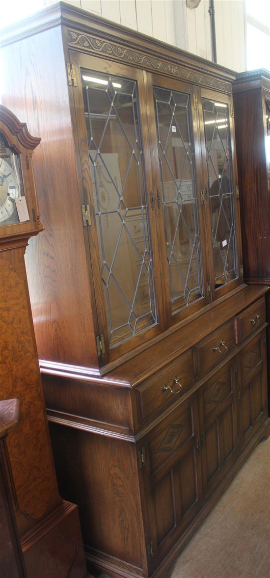 Modern oak bookcase cupboard, with lattice glazing bars, 6ft